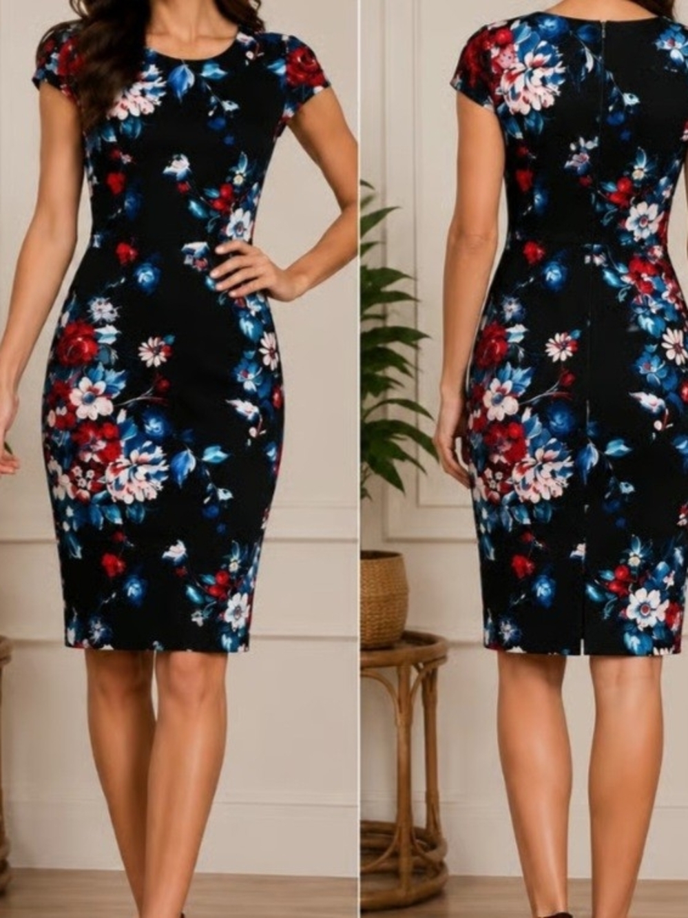 Betsey Johnson Navy Blue Floral Cap-Sleeve Sheath Dress with Blue & Red Blooms